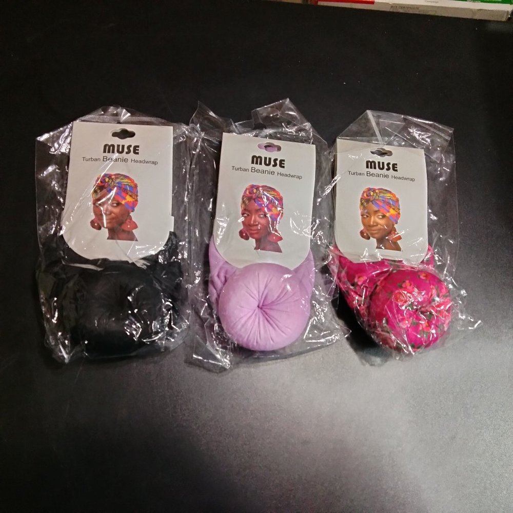 3qty MUSE TURBAN BEANIE HEADWRAP NIB Lilac Black Floral